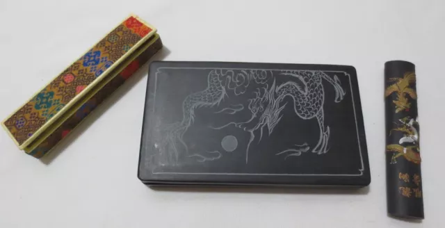 Vtg Dragon Ink Stone Grinder Calligraphy w/Ink Stick
