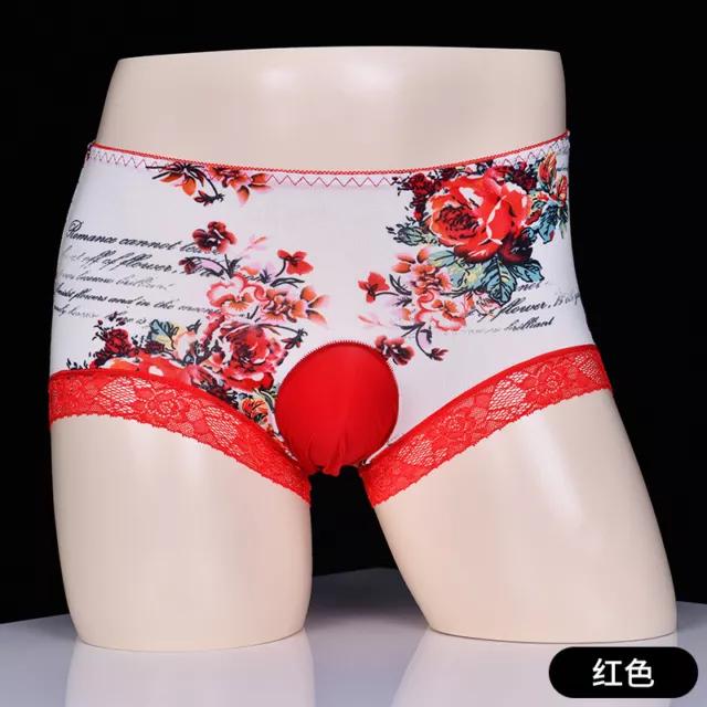 Sexy Men Lace Flower Print Boxer Briefs Shorts Underwear Underpants Lingerie Red