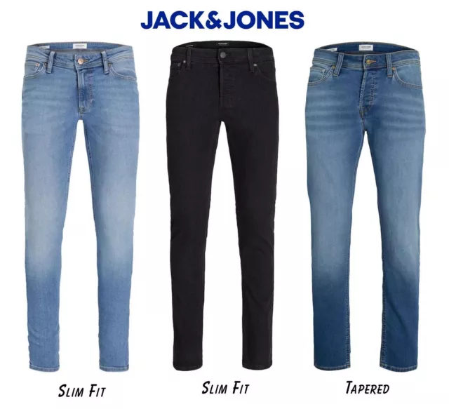 Mens Jack Jones Slim Fit Jeans Stretch Tapered Blue Black Denim Pants Trousers