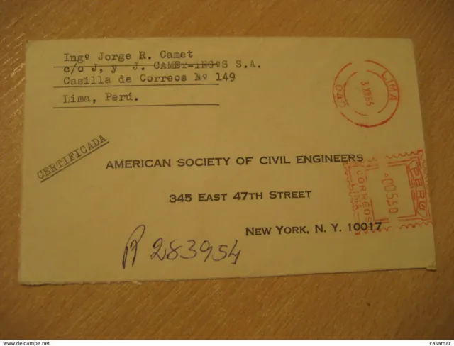 Lima 1965 To New York USA Registriert Cancel Slipper Air Mail Cover Peru
