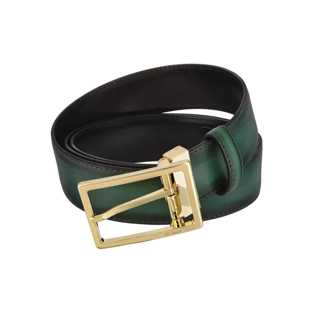 S.T. Dupont Atelier Green Leather Belt, Gold Buckle, 7650230, New In Box