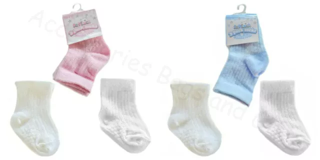 3 Pairs Baby Boy Girl Socks Short Ankle Pink / Blue White Cream Soft Touch 0-12M