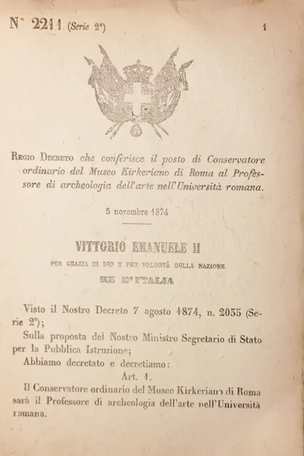 Decreto Regno d'Italia Conferisce posto Conservatore Museo Kirkeriano Roma 1874