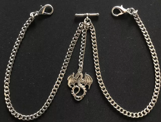 Double Albert pocket watch chain with a  dragon charm fob,silver colour 4 sizes