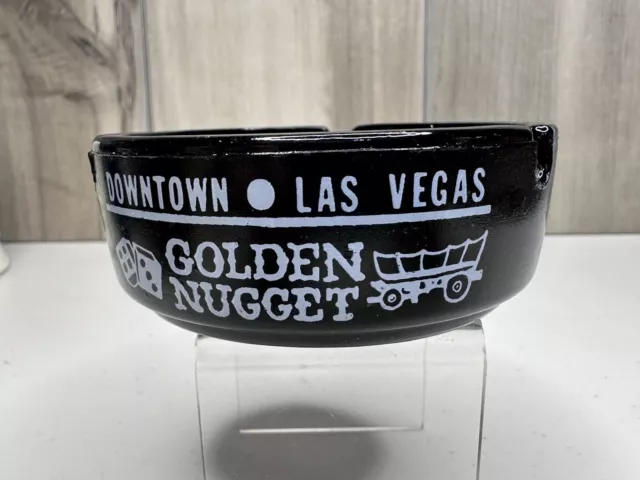 Vintage Golden Nugget Las Vegas - Black Glass Ashtray with White Graphics