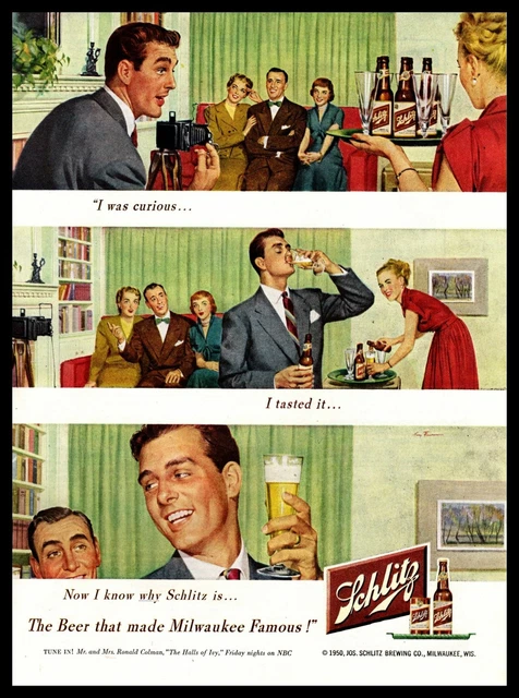 1950 Schlitz Beer Bottle Living Room Couch Photo Session Vintage Print Ad