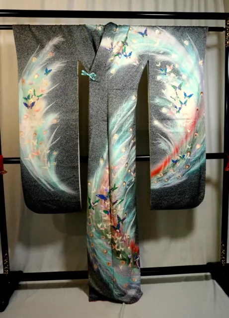 Japanese kimono SILK"FURISODE" long sleeves,Gold/Lame,Peacock feather, 5'4".3396 2