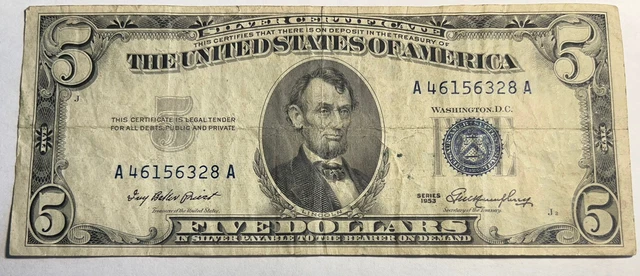 Series 1953 $5 Dollar Bill Silver Certificate