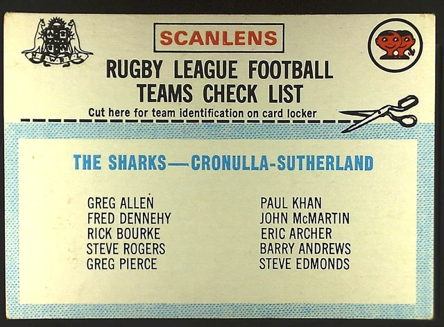 1977 CRONULLA SHARKS unmarked checklist Scanlens rugby league NSWRFL