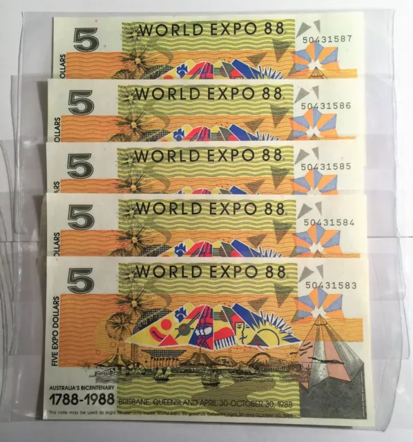 5 x CONSECUTIVE NUMBERED 1988 $5.00 BRISBANE WORLD EXPO NOTES IN SLEEVES, CH UNC