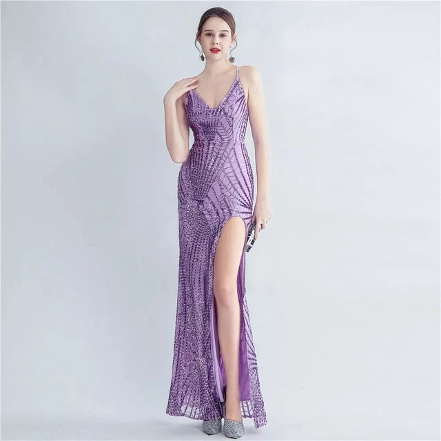 VESTITO ABITO ELEGANTE Lungo Elegante Sera Sirena Rosa Lilla Spacco Strass 81683 EUR 139 00