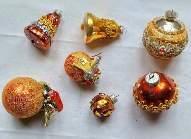 Paire de boules de noël ancienne en verre multicolore