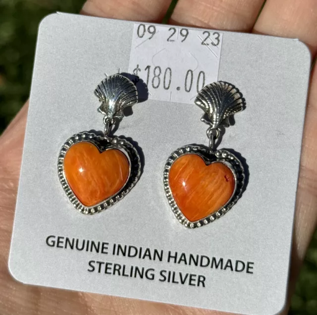 Navajo 925 Sterling Silver Orange Spiny Oyster Heart Handmade Earrings C Charley