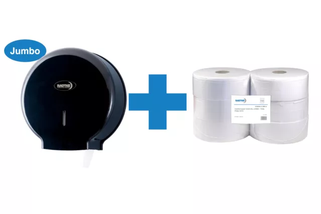 Toilettenpapierspender schwarz für Jumborollen + 6 x Toilettenpapier BUNDLE