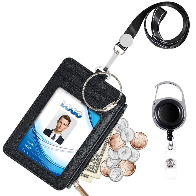 PU Leather Badge Holder Name Tag ID Card Wallet Case Retractable Reel Neck Lanya