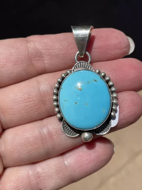 Navajo Crafted Large Genuine Kingman Turquoise & Sterling Pendant, by T. Long