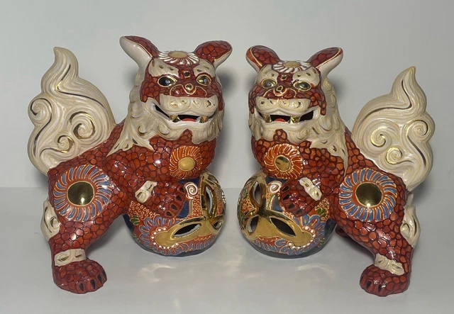 Vintage Pair Of Chinese Porcelain Foo Dog Statue Figurines