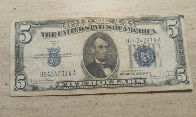 1934-D US 5 Five Dollar Bill Silver Certificate Blue Seal Collector Note ~NICE~