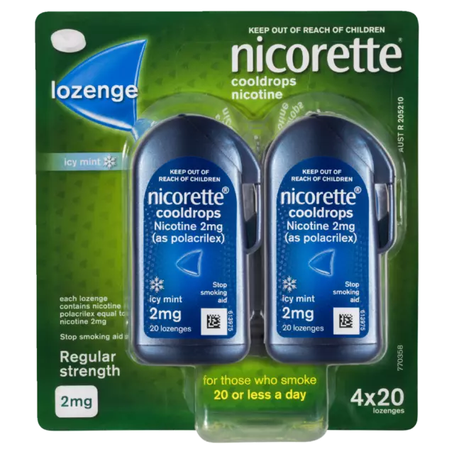 Nicorette Lozenge Cooldrops Nicotine 2mg 4 x 20 Pack - Icy Mint Regular Strength