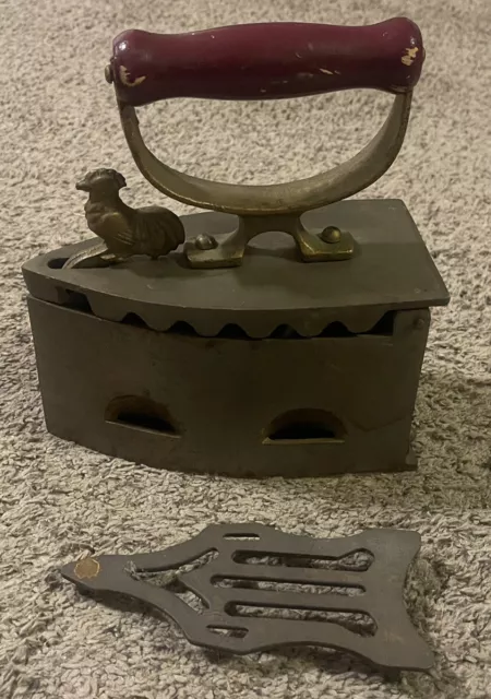 Vintage Coal Fired Sad Cast Iron With Rooster Latch &  Wood Handle, Trivet Also