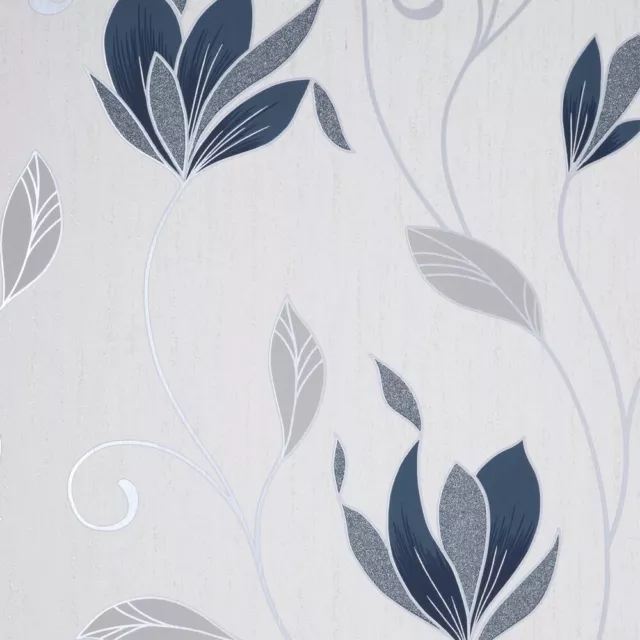 Crown Synergy Floral Navy Blue Wallpaper M1716 - Vinyl Leaf Textured Glitter