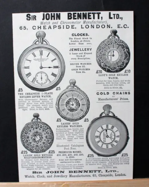 1895 Small Print Advert 'SIR JOHN BENNETT WATCHES & CHRONOMETERS' 7.25" x 5"