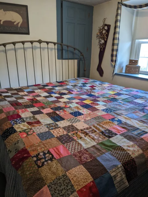 Antique Late 1800's CALICO PATCHWORK QUILT TOP  82 x 83  Bright & Crisp!