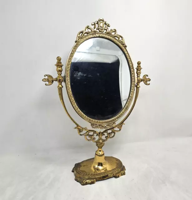 Vintage 15" Brass Bronze Victorian French Style Table Top Stand Vanity Mirror