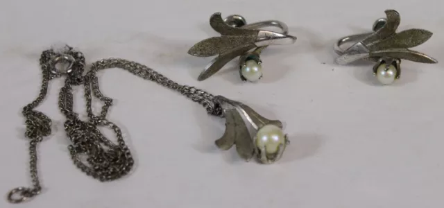 3pc Vtg Van Dell Necklace Earrings Pendant Set Lot Silver Tone Metal Screw On