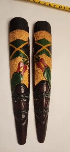 (2) Hand Carved Painted Stained Wooden Jamaican Mask Wall Hanging