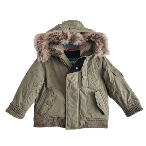 Baby GAP 18-24 Months Olive Green Faux Fur Hooded Parka Coat Jacket Toddler Boys