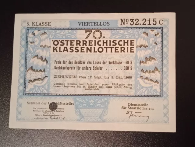 Lotterielos der 70. Österr. Klassenlotterie, Viertellos, 1960