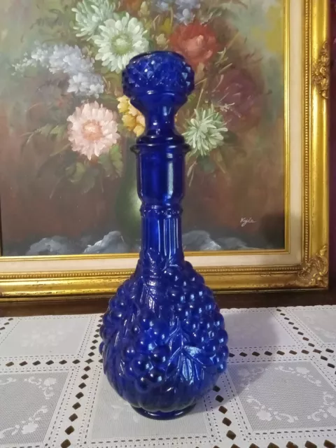 Vintage Italy Empoli Cobalt Blue Glass Decanter Bottle W/ Stopper 12" Tall