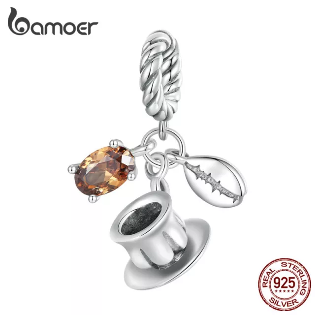 Bamoer 925 Sterling Silver Coffee Cup Beans Hanging Bead Bracelet Charm Dangle