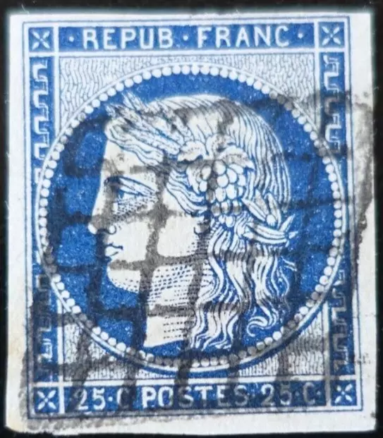 FRANCE TIMBRE type CÉRÈS N°4a BLEU FONCÉ OBLITÉRÉ GRILLE de 1849