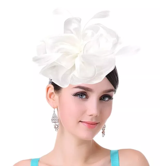 White Bridal Fascinator Hat Organza Flower Wedding Kentucky Derby Cocktail Party