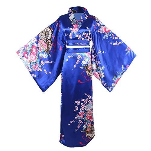 Women's Floral Print Traditional Japanese Kimono Large Long Kimono Blue