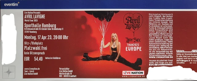 AVRIL LAVIGNE LOVE SUX WORLD TOUR 2023 TICKET HAMBURG 17.APR.23  Sitz-/Stehplatz