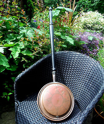 GEORGIAN COPPER WARMING PAN-WRIGGLE ROSE DECORATION-TURNED HANDLE c1800