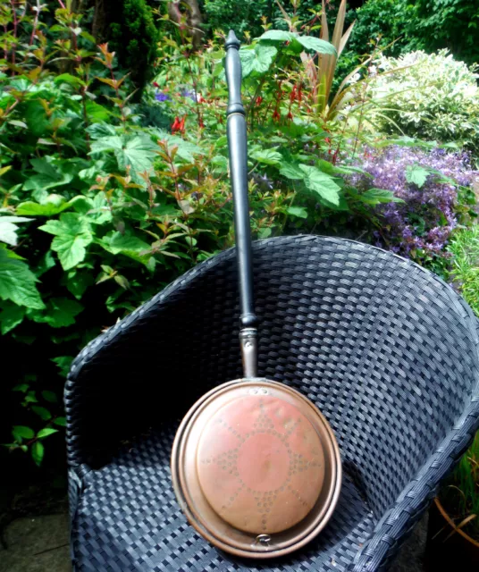 GEORGIAN COPPER WARMING PAN-WRIGGLE ROSE DECORATION-TURNED HANDLE c1800