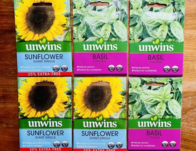 6 Packs of Basil & Giant Sunflower Seeds Bundle - For Season 2024 New & Sealed