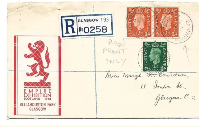 Empire Exhibition 1938, Registered, Sticker, 1938 posted in Glasgow