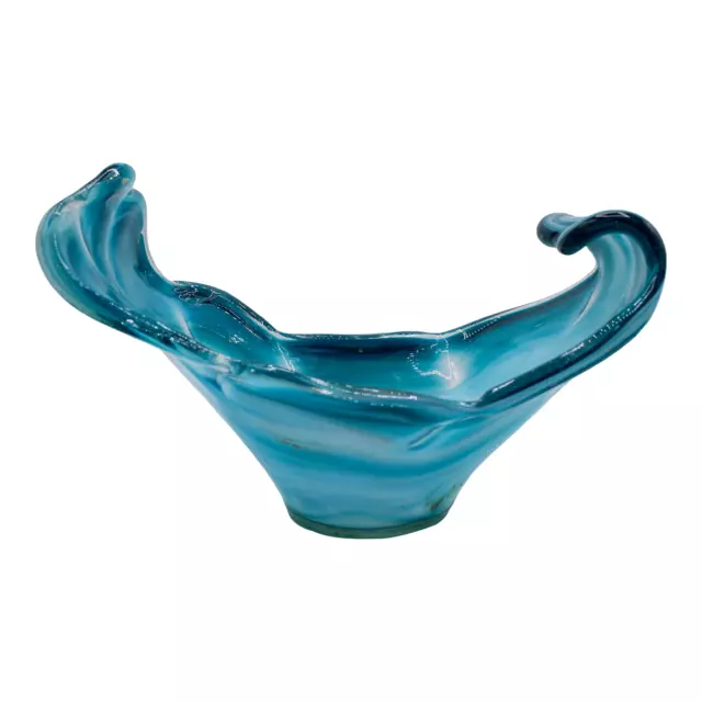 Large Mid-20th Century Turquoise Blue Art Glass Centerpiece / Vase / Bowl