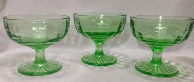 RARE 3 Block Optic Green 3” Stemmed Sherbet Glasses Cups Depression Glass