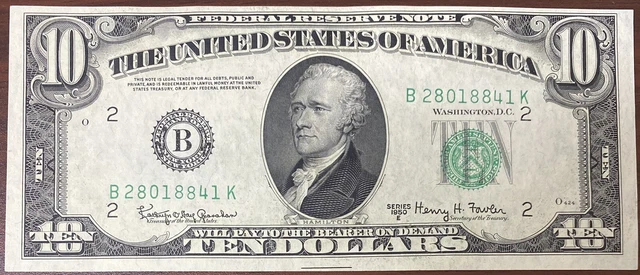 1950 E Ten Dollar Bill $10 Federal Reserve Note High Grade UNC #38097