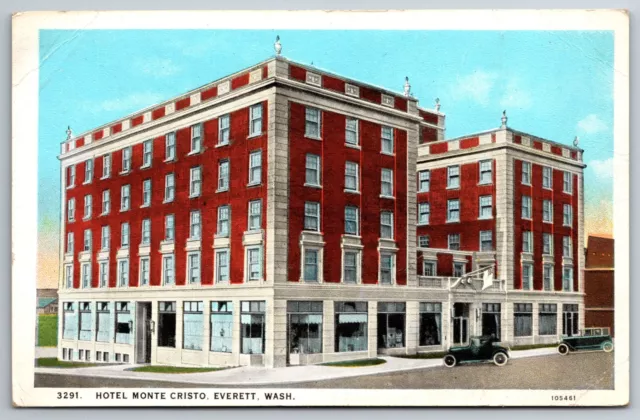 Hotel Monte Cristo Everett Washington Old Cars Flag Exterior view Postcard