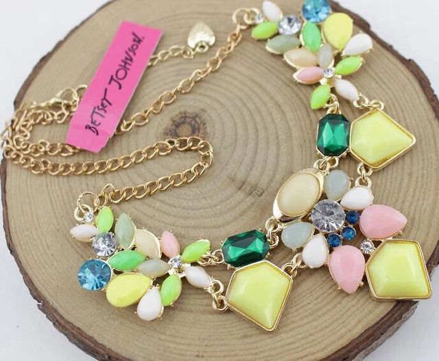 Betsey Johnson Pendant Enamel Jewelry Rhinestone Flowers Golden Chain Necklace