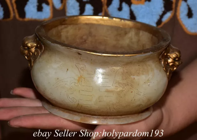 6" Old Chinese White Jade Gilt Carved Dynasty Beast Head Jar Pot Crock Statue