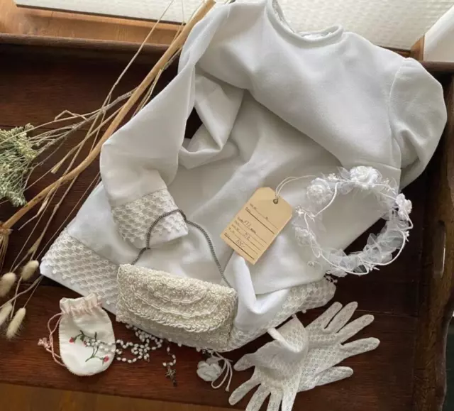 Abito da comunione taglia 122 anni '60 stile boho borsa guanti sottovestito pneumatico nuovo