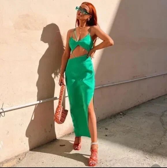 chinese dress ladies Zara Light Green Floral Maxi Dress with Metallic Details- Size S – The  Saved Collection